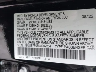 2022 Acura TLX Type S with VIN 19UUB7F08NA002254, listed as a IAAI auction lot 42610825 with Not provided miles and . Bid and sale history available at DreamBid. Image 9.
