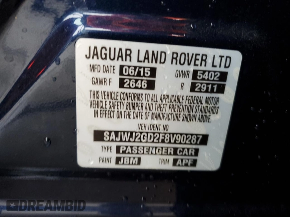 2015 Jaguar XJ Portfolio with VIN SAJWJ2GD2F8V90287, listed as a Copart auction lot 50291095 with 46,917 mi miles and Salvage title. Bid and sale history available at DreamBid. Image 13.