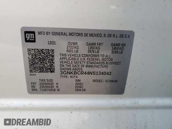 2022 Chevrolet Blazer LT with VIN 3GNKBCR44NS134043, listed as a Copart auction lot 55681025 with 61,590 mi miles and Salvage title. Bid and sale history available at DreamBid. Image 13.