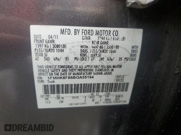 2011 Ford Explorer Limited с VIN 1FMHK8F86BGA55194, выставлен на аукционе Copart как лот 59581145 с пробегом 151 444 миль миль и Чистый • Clean title. История ставок и продаж доступна на DreamBid. Изображение 13.