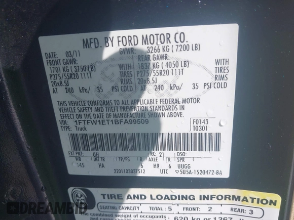 2011 Ford F-150 XLT with VIN 1FTFW1ET1BFA99509, listed as a IAAI auction lot 41789526 with 169,442 mi miles. Bid and sale history available at carsss.com. Image 9.