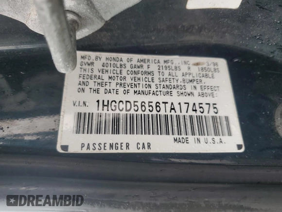 1996 Honda Accord EX with VIN 1HGCD5656TA174575, listed as a Copart auction lot 86435334 with 217,784 mi miles and Salvage Title. Bid and sale history available at DreamBid. Image 12.