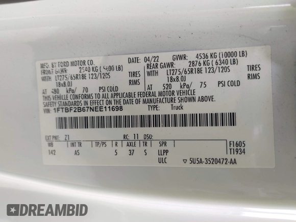 2022 Ford F-250 XL with VIN 1FTBF2B67NEE11698, listed as a IAAI auction lot 42053954 with 67,692 mi miles and . Bid and sale history available at DreamBid. Image 9.