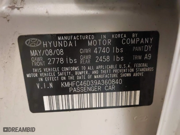2009 Hyundai Azera GLS with VIN KMHFC46D39A360840, listed as a IAAI auction lot 41441715 with 59,991 mi miles. Bid and sale history available at carsss.com. Image 9.
