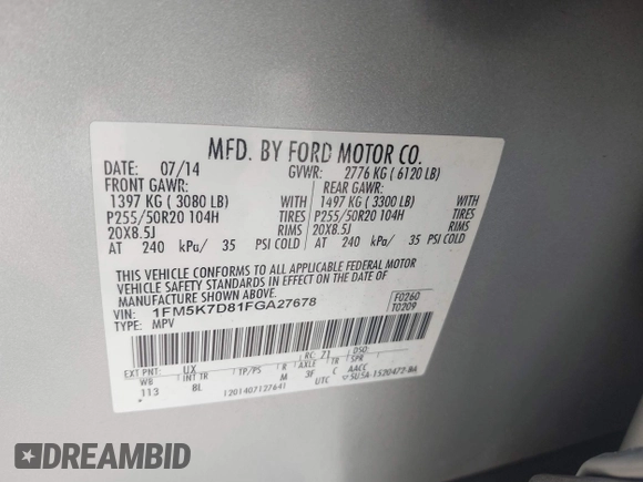 2015 Ford Explorer XLT with VIN 1FM5K7D81FGA27678, listed as a IAAI auction lot 41856729 with 170,635 mi miles and . Bid and sale history available at carsss.com. Image 9.