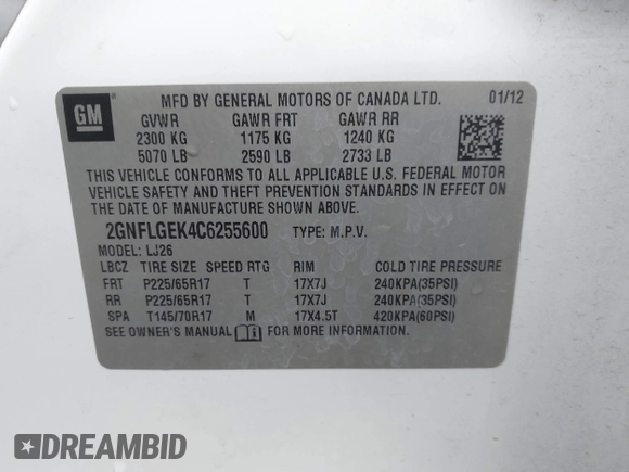 2012 Chevrolet Equinox LTZ with VIN 2GNFLGEK4C6255600, listed as a IAAI auction lot 41364444 with 193,772 mi miles. Bid and sale history available at carsss.com. Image 9.