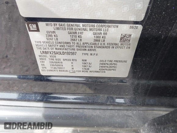 2020 Buick Envision Essence with VIN LRBFX2SA5LD192597, listed as a IAAI auction lot 41931393 with 43,968 mi miles and . Bid and sale history available at DreamBid. Image 9.