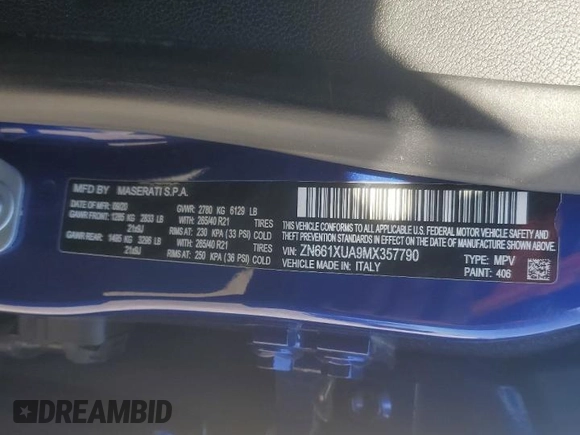 2021 Maserati Levante z VIN ZN661XUA9MX357790, wystawiony jako Copart lot #47872615 z przebiegiem 44 634 mil mil oraz Szkoda całkowita • Salvage title. Historia ofert i sprzedaży dostępna na DreamBid. Obrazek 14.