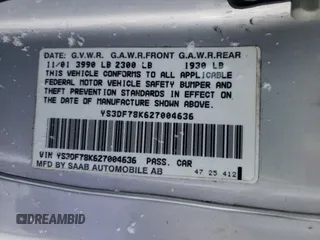 2002 Saab 9-3 SE with VIN YS3DF78K627004636, listed as a Copart auction lot 85222304 with 115,503 mi miles and Clean Title. Bid and sale history available at carsss.com. Image 12.