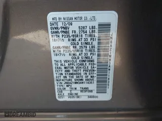 2010 Nissan Murano LE with VIN JN8AZ1MW3AW114351, listed as a IAAI auction lot 41884156 with 233,983 mi miles. Bid and sale history available at carsss.com. Image 9.