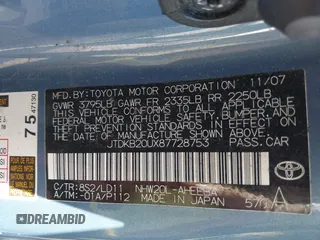 2008 Toyota Prius z VIN JTDKB20UX87728753, wystawiony jako IAAI lot #42425682 z przebiegiem Nie podano mil oraz . Historia ofert i sprzedaży dostępna na DreamBid. Obrazek 9.