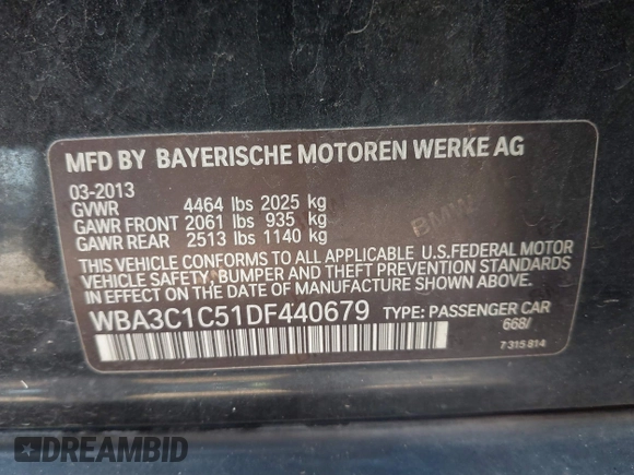 2013 BMW 3 Series 328i with VIN WBA3C1C51DF440679, listed as a IAAI auction lot 41533587 with 184,812 mi miles. Bid and sale history available at carsss.com. Image 9.