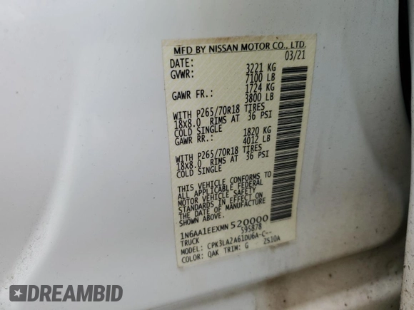 2021 Nissan Titan SV with VIN 1N6AA1EEXMN520000, listed as a Copart auction lot 72464284 with 58,470 mi miles and Non Repairable. Bid and sale history available at DreamBid. Image 12.