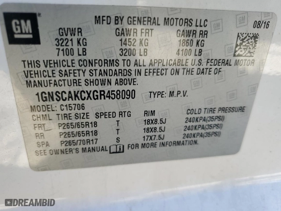 2016 Chevrolet Tahoe LS with VIN 1GNSCAKCXGR458090, listed as a Copart auction lot 86504394 with 166,558 mi miles and Salvage Title. Bid and sale history available at carsss.com. Image 16.