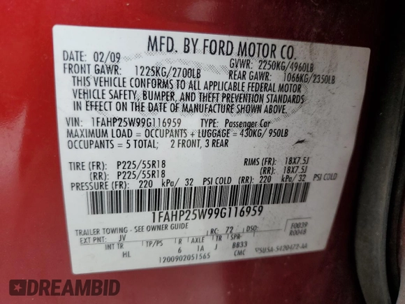 2009 Ford Taurus Limited with VIN 1FAHP25W99G116959, listed as a Copart auction lot 72923024 with 157,803 mi miles and Salvage Title. Bid and sale history available at carsss.com. Image 12.