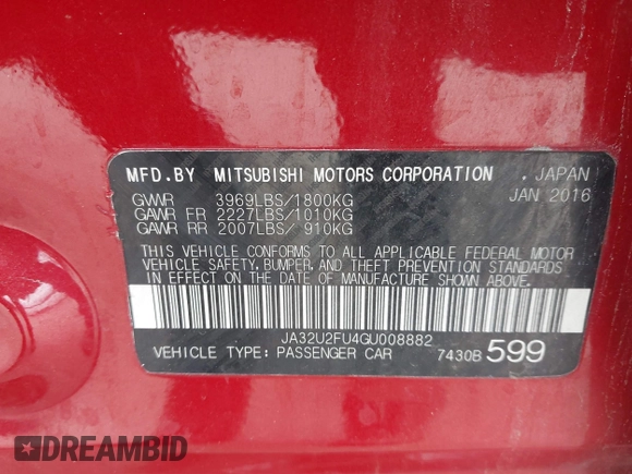 2016 Mitsubishi Lancer ES with VIN JA32U2FU4GU008882, listed as a IAAI auction lot 41600017 with 134,772 mi miles. Bid and sale history available at carsss.com. Image 9.