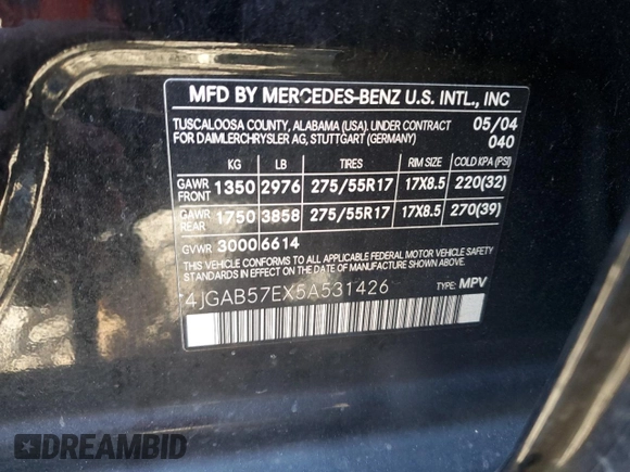 2005 Mercedes-Benz M-Class 3.7L with VIN 4JGAB57EX5A531426, listed as a Copart auction lot 76278424 with 282,470 mi miles and Salvage Title. Bid and sale history available at carsss.com. Image 13.