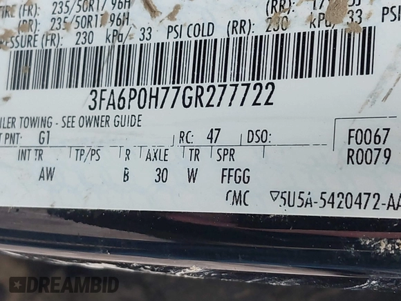 2016 Ford Fusion SE with VIN 3FA6P0H77GR277722, listed as a IAAI auction lot 39476561 with 141,526 mi miles. Bid and sale history available at carsss.com. Image 9.