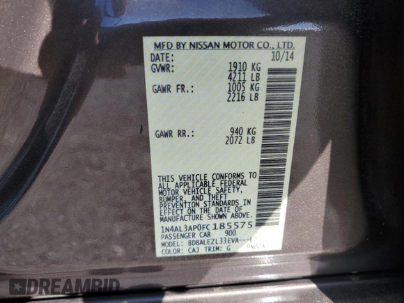 2015 Nissan Altima S with VIN 1N4AL3AP0FC185575, listed as a Copart auction lot 52015805 with 128,262 mi miles and Salvage Title. Bid and sale history available at DreamBid. Image 12.
