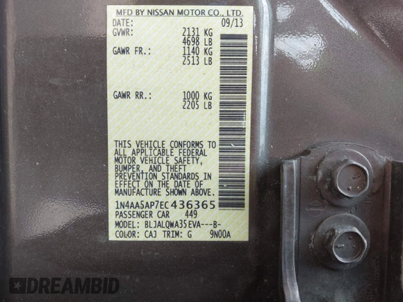 2014 Nissan Maxima SV с VIN 1N4AA5AP7EC436365, выставлен на аукционе IAAI как лот 42484102 с пробегом Не указан миль и . История ставок и продаж доступна на DreamBid. Изображение 9.