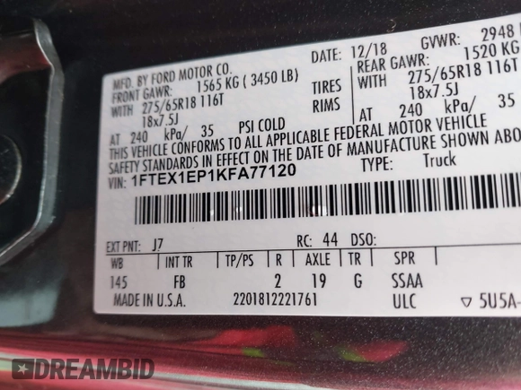 2019 Ford F-150 XL with VIN 1FTEX1EP1KFA77120, listed as a IAAI auction lot 42329608 with 76,053 mi miles and . Bid and sale history available at DreamBid. Image 9.