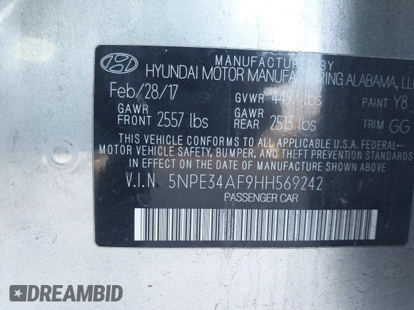 2017 Hyundai Sonata Sport with VIN 5NPE34AF9HH569242, listed as a IAAI auction lot 40977224 with 136,951 mi miles. Bid and sale history available at carsss.com. Image 9.