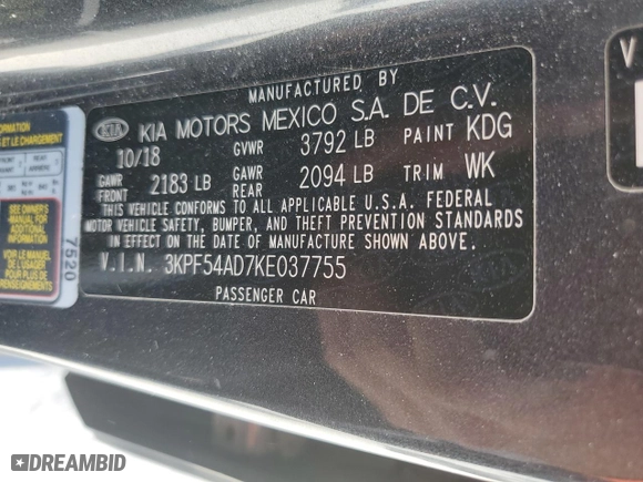 2019 Kia Forte EX with VIN 3KPF54AD7KE037755, listed as a Copart auction lot 51002765 with 24,492 mi miles and Non Repairable. Bid and sale history available at carsss.com. Image 12.