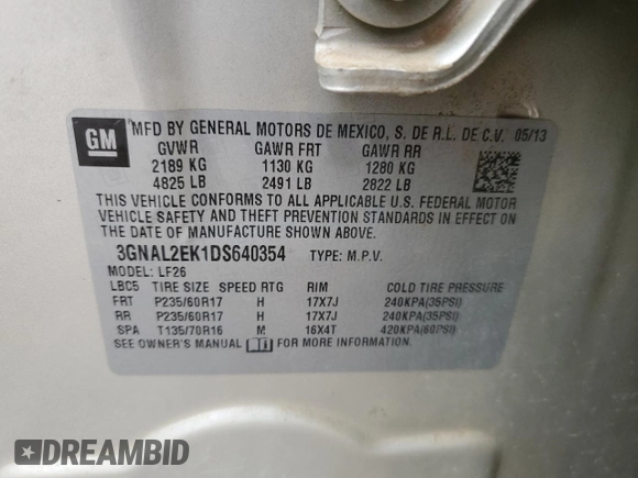 2013 Chevrolet Captiva Sport LS with VIN 3GNAL2EK1DS640354, listed as a Copart auction lot 72523884 with 102,706 mi miles and Clean Title. Bid and sale history available at DreamBid. Image 15.
