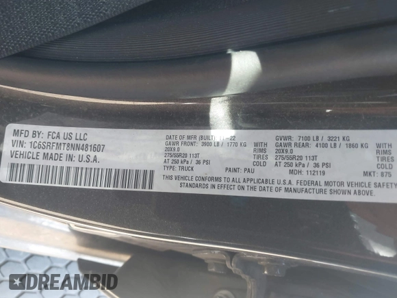 2022 Ram 1500 Big Horn z VIN 1C6SRFMT8NN481607, wystawiony jako IAAI lot #42359931 z przebiegiem 35 893 mil mil oraz . Historia ofert i sprzedaży dostępna na DreamBid. Obrazek 9.