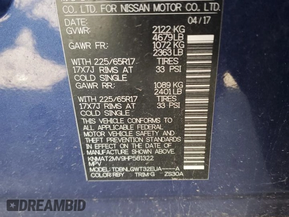 2017 Nissan Rogue S with VIN KNMAT2MV9HP581322, listed as a Copart auction lot 53615945 with 106,967 mi miles and Salvage Title. Bid and sale history available at DreamBid. Image 13.