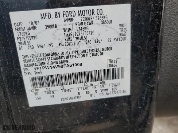 2008 Ford F-150 XLT with VIN 1FTPW14V98FA61008, listed as a Copart auction lot 52536455 with 175,308 mi miles and Salvage Title. Bid and sale history available at carsss.com. Image 12.