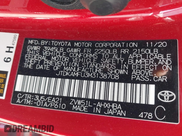 2021 Toyota Prius L Eco с VIN JTDKAMFU3M3138708, выставлен на аукционе IAAI как лот 42006401 с пробегом 38 876 миль миль и . История ставок и продаж доступна на DreamBid. Изображение 9.