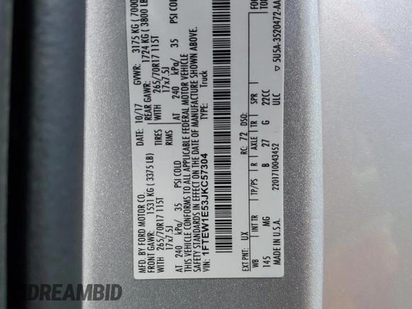 2018 Ford F-150 XL with VIN 1FTEW1E53JKC57304, listed as a Copart auction lot 57168915 with 118,498 mi miles and Salvage title. Bid and sale history available at DreamBid. Image 12.