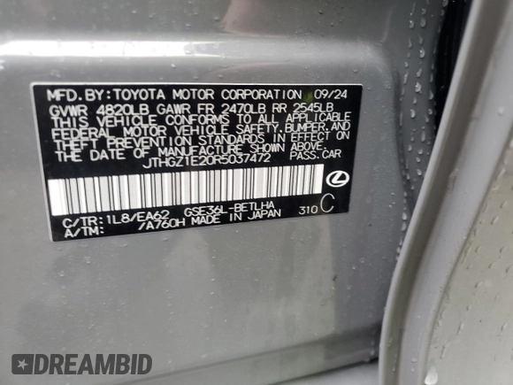 2024 Lexus IS 350 F Sport with VIN JTHGZ1E20R5037472, listed as a Copart auction lot 43313995 with 4,094 mi miles and Salvage title. Bid and sale history available at DreamBid. Image 12.