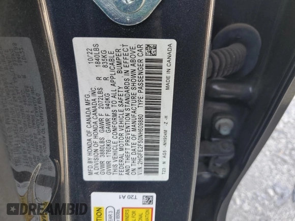 2022 Honda Civic Sport z VIN 2HGFE2F50NH609880, wystawiony jako Copart lot #53823285 z przebiegiem 52 720 mil mil oraz Szkoda całkowita • Salvage title. Historia ofert i sprzedaży dostępna na DreamBid. Obrazek 12.