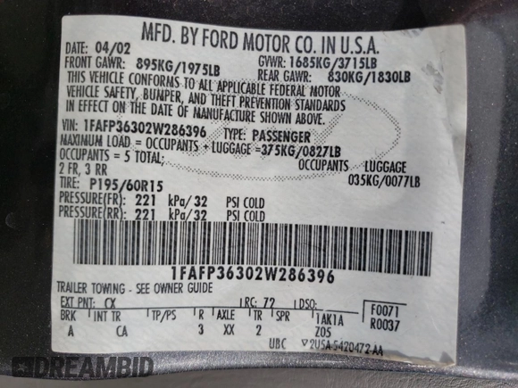 2002 Ford Focus SE Fleet с VIN 1FAFP36302W286396, выставлен на аукционе Copart как лот 88524785 с пробегом 142 536 миль миль и Списание • Salvage title. История ставок и продаж доступна на DreamBid. Изображение 13.