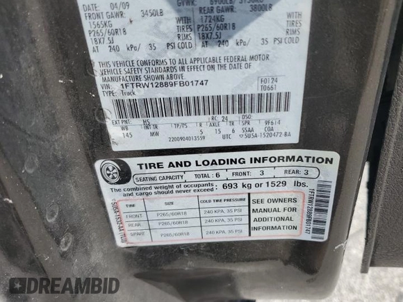 2009 Ford F-150 XL with VIN 1FTRW12889FB01747, listed as a Copart auction lot 62402315 with 332,253 mi miles and Clean title. Bid and sale history available at DreamBid. Image 12.