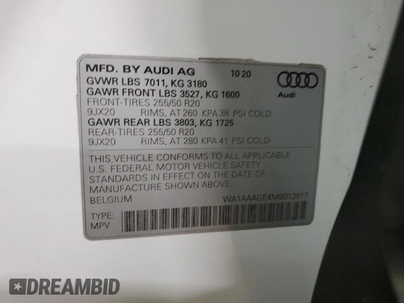 2021 Audi e-tron Premium with VIN WA1AAAGE4MB012617, listed as a Copart auction lot 42324445 with 42,766 mi miles and Salvage Title. Bid and sale history available at DreamBid. Image 14.