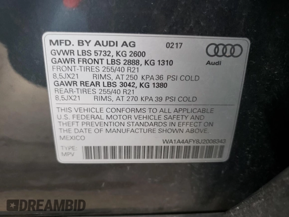 2018 Audi SQ5 Premium Plus with VIN WA1A4AFY8J2008343, listed as a Copart auction lot 79238053 with 77,143 mi miles and . Bid and sale history available at DreamBid. Image 13.