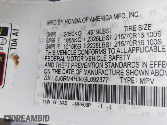2016 Honda CR-V LX with VIN 5J6RM4H34GL092377, listed as a IAAI auction lot 42155449 with 151,436 mi miles. Bid and sale history available at carsss.com. Image 9.
