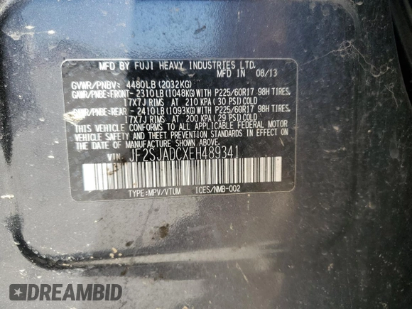 2014 Subaru Forester Premium z VIN JF2SJADCXEH489341, wystawiony jako Copart lot #48469135 z przebiegiem 138 716 mil mil oraz Szkoda całkowita • Salvage title. Historia ofert i sprzedaży dostępna na DreamBid. Obrazek 14.