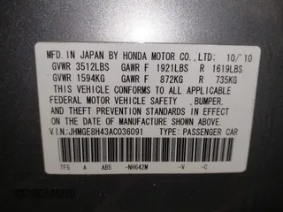2010 Honda Fit Sport with VIN JHMGE8H43AC036091, listed as a IAAI auction lot 42566790 with 65,506 mi miles and . Bid and sale history available at DreamBid. Image 9.