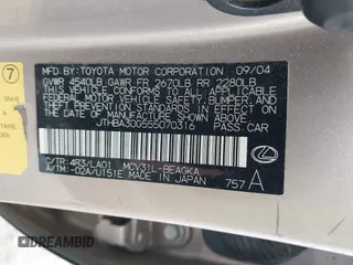 2005 Lexus ES 350 z VIN JTHBA30G555070316, wystawiony jako IAAI lot #42361017 z przebiegiem 251 072 mil mil oraz . Historia ofert i sprzedaży dostępna na DreamBid. Obrazek 9.
