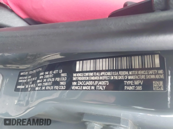 2018 Jeep Renegade Altitude with VIN ZACCJABB1JPJ40873, listed as a IAAI auction lot 42124424 with Not provided miles and . Bid and sale history available at DreamBid. Image 9.