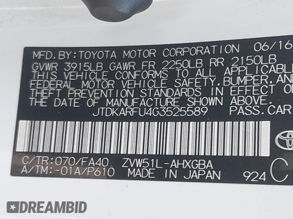2016 Toyota Prius Four with VIN JTDKARFU4G3525589, listed as a IAAI auction lot 41612929 with 197,114 mi miles. Bid and sale history available at carsss.com. Image 9.