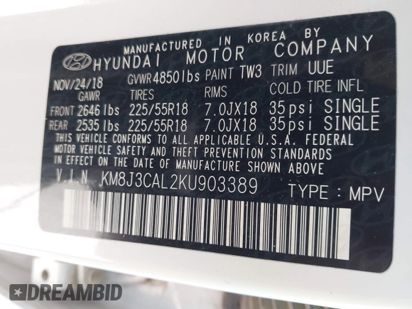 2019 Hyundai Tucson Ultimate with VIN KM8J3CAL2KU903389, listed as a IAAI auction lot 41421264 with 73,326 mi miles. Bid and sale history available at carsss.com. Image 9.