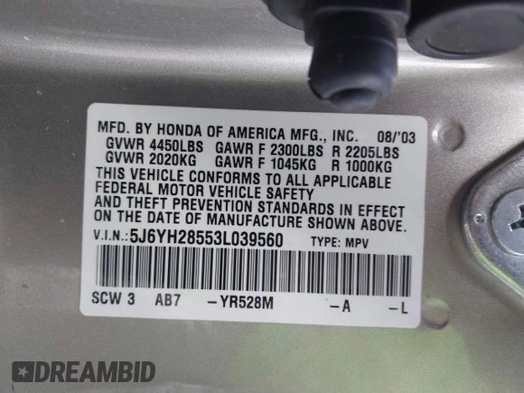 2003 Honda Element EX with VIN 5J6YH28553L039560, listed as a IAAI auction lot 42055221 with 182,383 mi miles and . Bid and sale history available at DreamBid. Image 9.