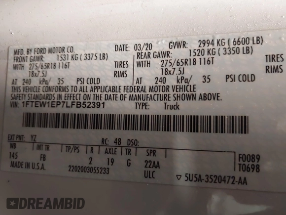 2020 Ford F-150 XL with VIN 1FTEW1EP7LFB52391, listed as a IAAI auction lot 41374589 with 75,700 mi miles and . Bid and sale history available at DreamBid. Image 9.