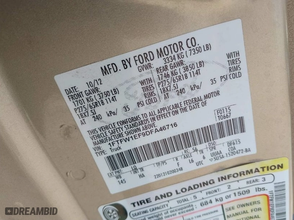2013 Ford F-150 XL with VIN 1FTFW1EF9DFA46716, listed as a IAAI auction lot 41715450 with 182,788 mi miles. Bid and sale history available at carsss.com. Image 9.