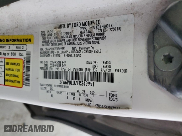 2014 Ford Fusion SE Hybrid with VIN 3FA6P0LU7ER349951, listed as a Copart auction lot 48247925 with 197,441 mi miles and Salvage Title. Bid and sale history available at DreamBid. Image 13.